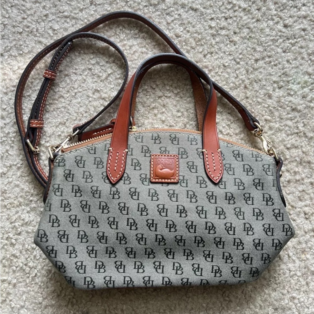 Dooney & Bourke Green-Grey Satchel Crossbody in Coated Logo Fabric Leather